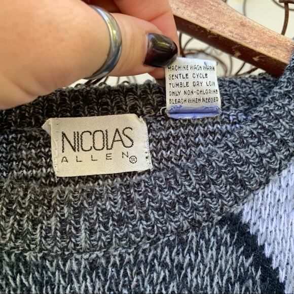 Vintage Nicolas Allen geometric argyle pattern sweater in shades of gray LARGE - Picture 6 of 6